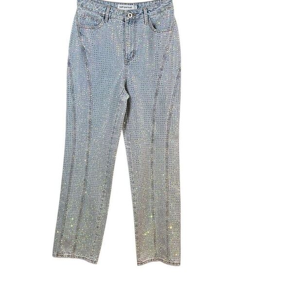 NWT Self-Portrait Blue Rhinestone Embellished High-Waisted Denim Jeans W27 L32 - Picture 6 of 16